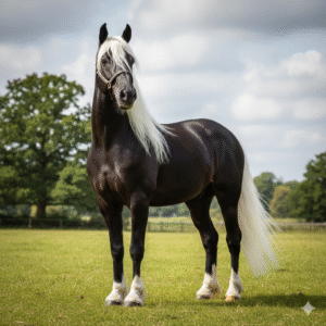 Majestic Black Stallion with Flowing White Mane – Powerful & Elegant Friesian Cross